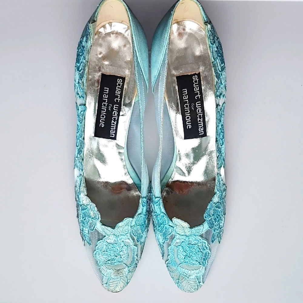 Stuart Weitzman Women's Aqua-Blue Lace Heels- Vintage